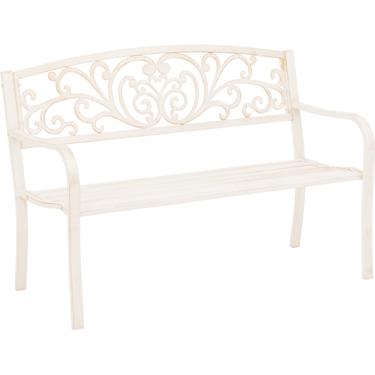 Outdoor Expressions 50 In. White Steel Bench with Scroll Design