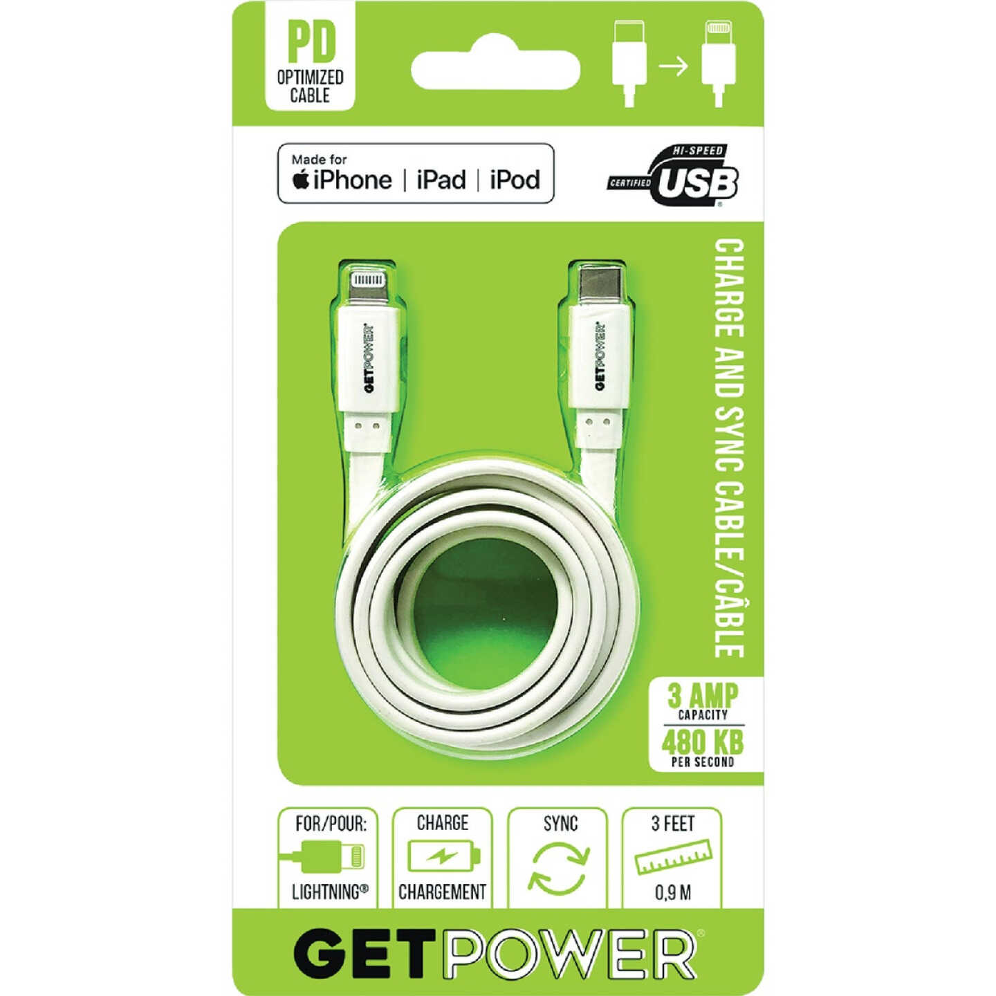 GetPower 3 Ft. USB-C to Apple MFI Certified Lightning Cable Image 1