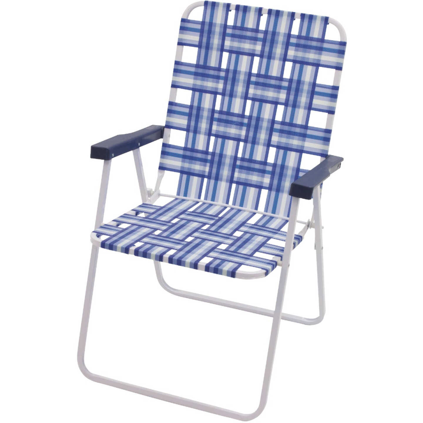 Rio Brands Step-Up Blue & White Polyester Web High-Back Steel Folding Chair Image 1