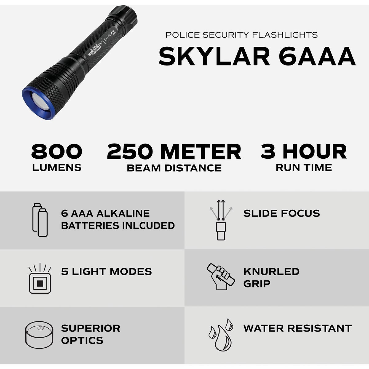Police Security Skylar 6AAA 800 Lm. Focusing Industrial LED Flashlight Image 2