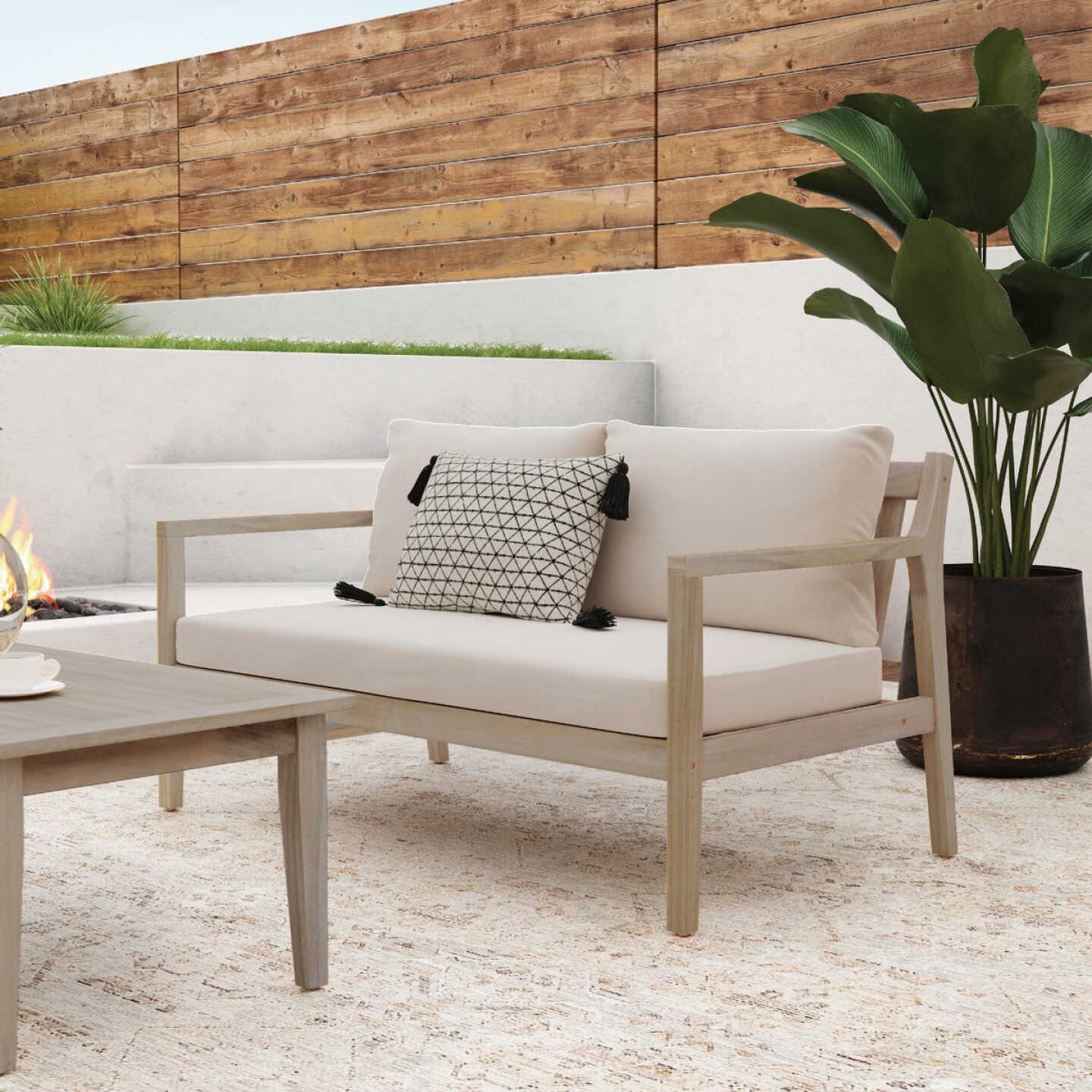Linon Svana 58.25 In. W. x 31 In. D. Natural Finish Wood Sofa with Beige Cushions Image 5