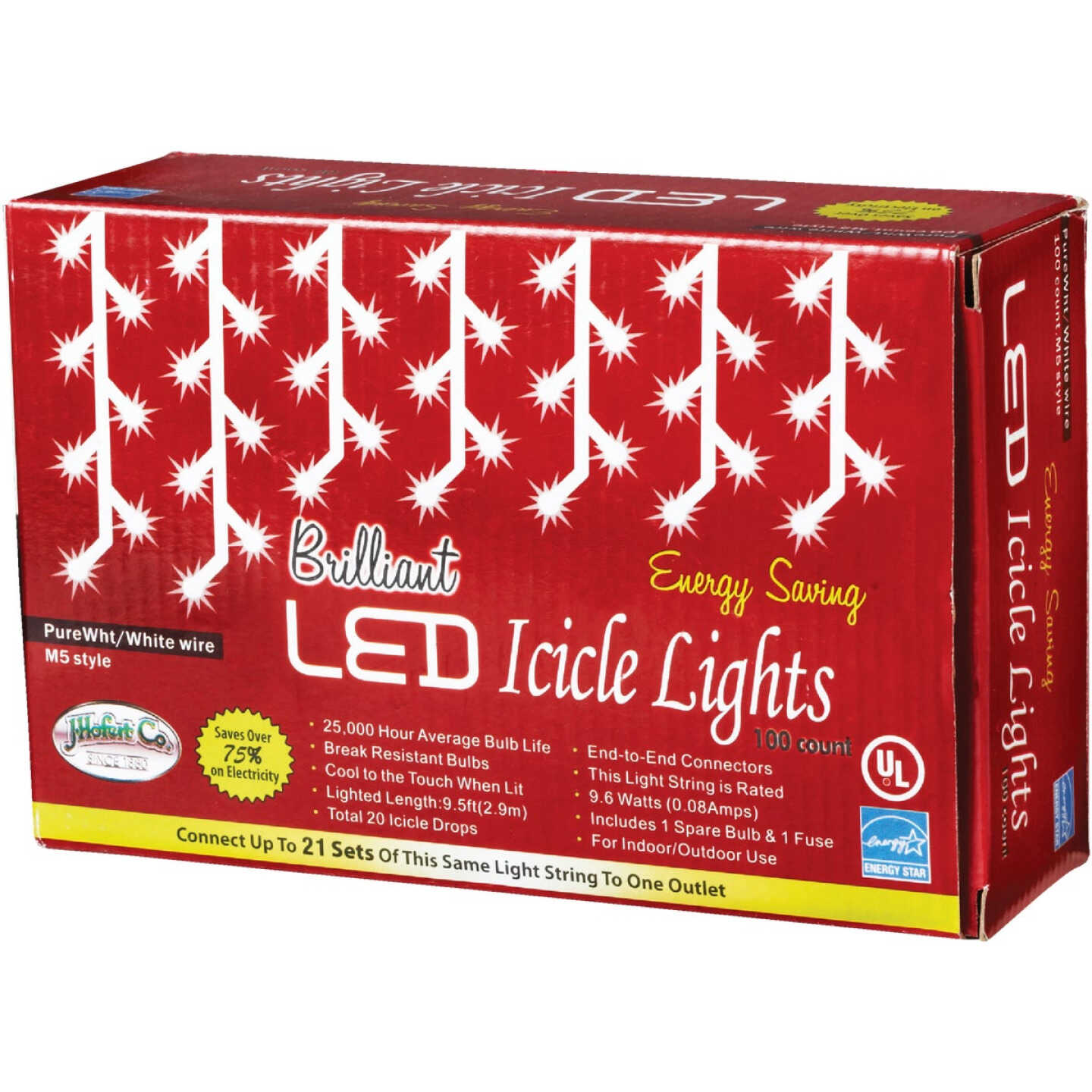 J Hofert Pure White 100-Bulb M5 LED Icicle Light Set with White Wire Image 2