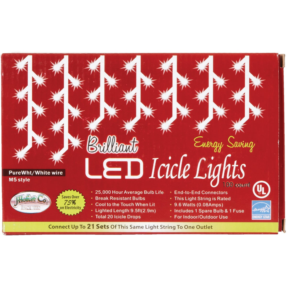 J Hofert Pure White 100-Bulb M5 LED Icicle Light Set with White Wire Image 3