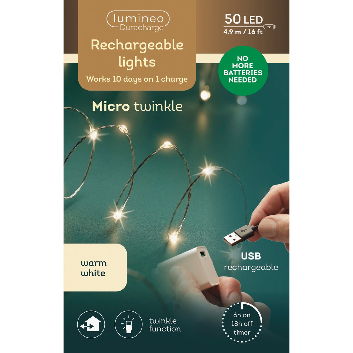 Lumineo Duracharge 16 Ft. Warm White Micro LED Rechareable Light Set