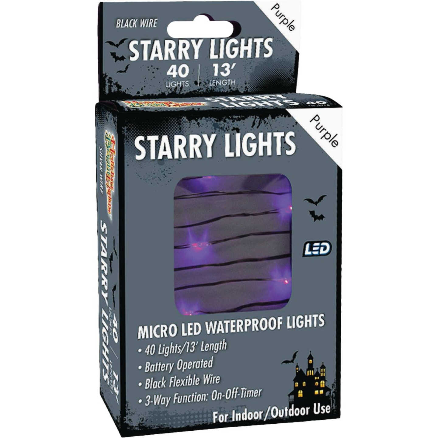 Holiday Bright Lights 40-Bulb Micro LED Purple Battery Operated String Light Set with Black Wire Image 1