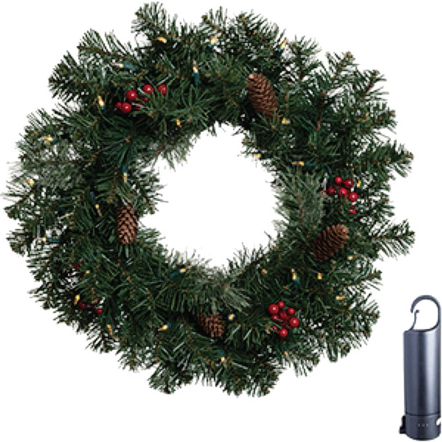 Holiday Bright Lights 24 In. Warm White/Multi Rechargeable LED Mixed Pine Wreath with Power Bank Image 1