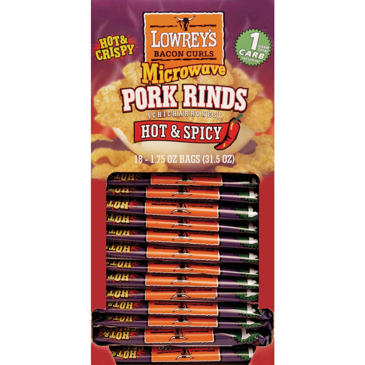 Lowrey's Bacon Curls 1.75 Oz. Hot & Spicy Pork Rinds