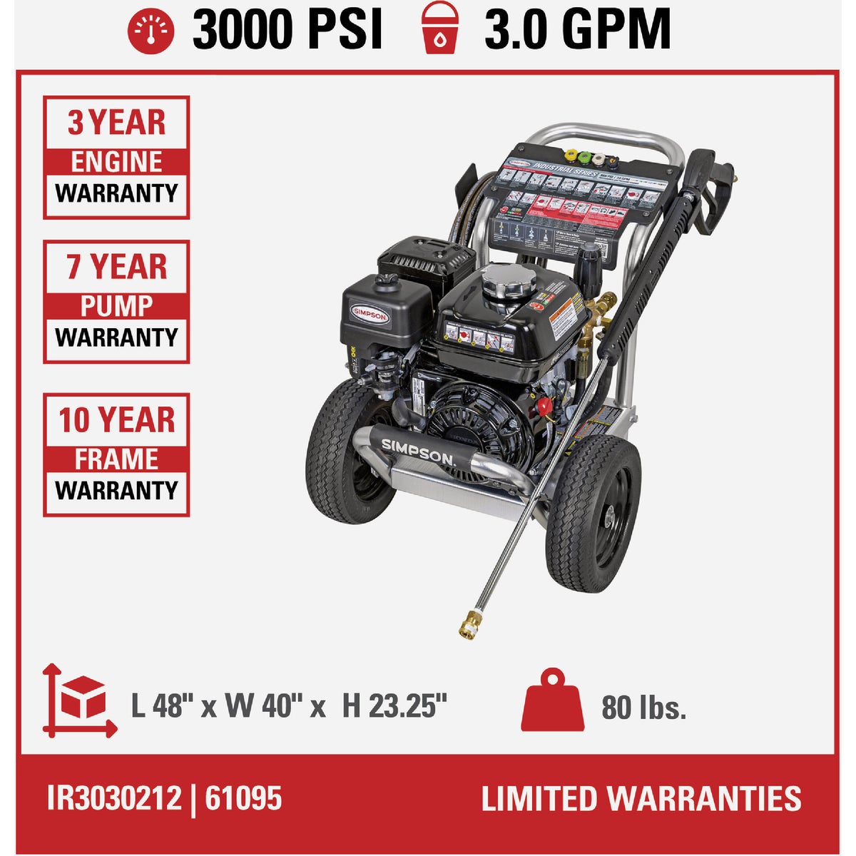 Simpson Pressure Washers 3000 PSI at 3.0 GPM HONDA GX200 with UDOR Triplex Pump Cold Water Gas Professional Pressure Washer Image 2