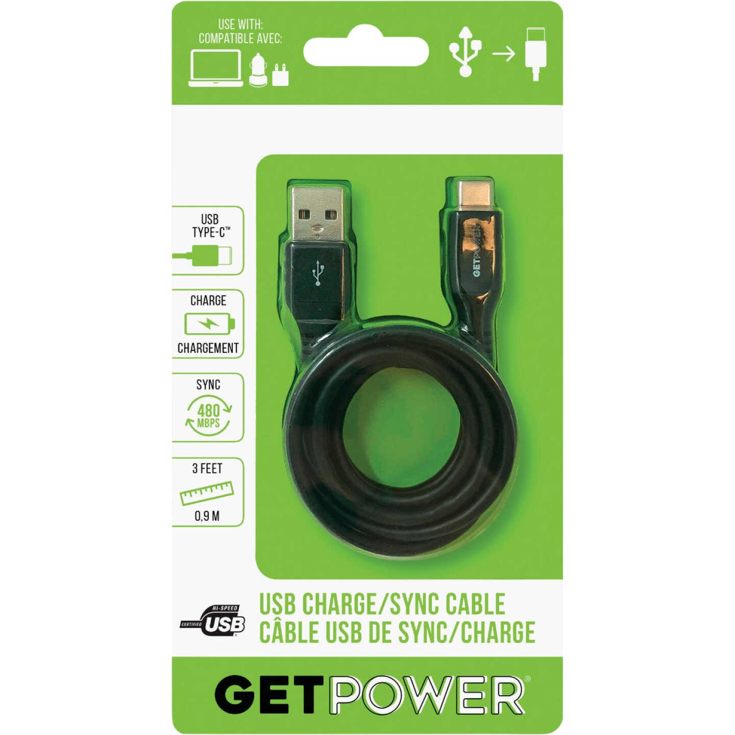 GetPower 3 Ft. Black USB-C to USB-A Charge/Sync Cable Image 1